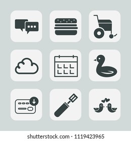 Premium set of outline, fill icons. Such as wheelchair, dialog, bag, speech, timetable, disability, date, bubble, dove, food, handicap, cloud, disabled, talk, animal, calendar, event, sign, cooking