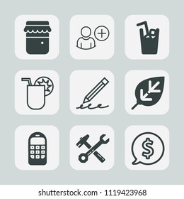 Premium set of outline, fill icons. Such as summer, person, mobile, consultant, add, old, juice, circle, sign, nutrition, hand, sweet, social, nature, network, healthy, write, tag, leaf, cocktail, jam