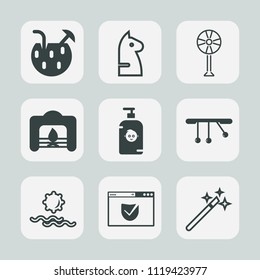 Premium set of outline, fill icons. Such as alcohol, fan, magic, website, christmas, fire, landscape, strategy, piece, kid, child, happy, pendulum, glass, cocktail, soap, warm, wizard, nature, sunrise