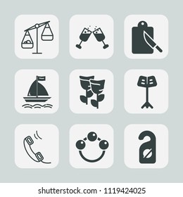 Premium set of outline, fill icons. Such as wineglass, fork, table, weight, glass, phone, wind, wine, flower, red, infant, knife, measurement, spring, floral, liquid, communication, board, dinner, bar