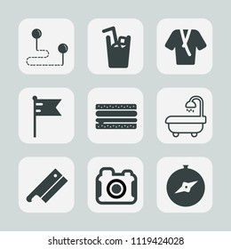 Premium set of outline, fill icons. Such as navigation, flag, bathrobe, meat, photographer, cup, sign, camera, burger, compass, america, fashion, usa, map, north, modern, drink, travel, sandwich, axe