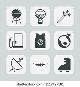 Premium set of outline, fill icons. Such as jewelry, extreme, parachute, cooking, parachuting, grilling, grill, gas, plane, grilled, bbq, flight, hot, barbecue, skydiving, necklace, magic, wizard, oil