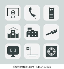 Premium set of outline, fill icons. Such as knife, buy, communication, phone, restaurant, calendar, online, beach, fork, hotel, internet, vacation, building, service, architecture, ocean, estate, room