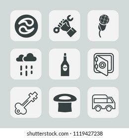 Premium set of outline, fill icons. Such as safety, foreman, water, bank, left, construction, security, sound, traditional, highway, move, music, rainy, kamon, red, helmet, banking, lock, safe, mic