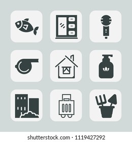 Premium set of outline, fill icons. Such as plastic, bag, luggage, sea, liquid, wood, kitchen, karaoke, house, fresh, hygiene, travel, modern, equipment, soap, business, whistle, estate, sport, home