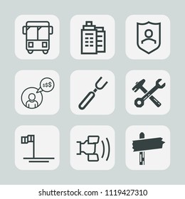 Premium set of outline, fill icons. Such as knife, direction, freelancer, arrow, estate, dinner, computer, security, cell, spoon, protection, traffic, way, beach, mobile, ocean, mexico, freelance, bus