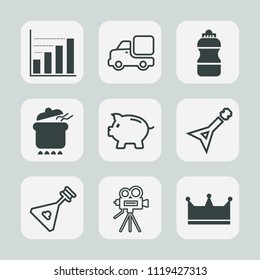 Premium set of outline, fill icons. Such as truck, soda, graph, lorry, business, string, coin, van, investment, delivery, instrument, musical, bottle, dish, white, crown, folk, chart, container, food