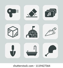Premium set of outline, fill icons. Such as office, work, house, equipment, ice, construction, igloo, erase, hairdryer, box, object, template, snow, education, shovel, eraser, hairdresser, container