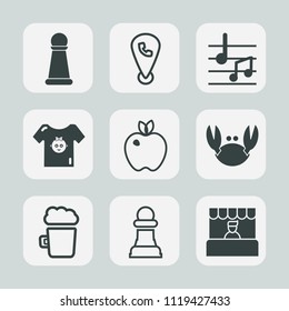 Premium set of outline, fill icons. Such as clothes, crab, chessboard, grocery, web, clothing, knight, food, game, drink, sign, sea, map, alcohol, internet, store, child, supermarket, king, apple, kid