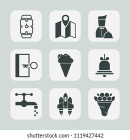 Premium set of outline, fill icons. Such as sink, spaceship, map, business, navigation, white, sweet, bathroom, space, clock, dessert, tap, sign, floral, bouquet, decoration, road, bell, craft, gps