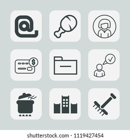 Premium set of outline, fill icons. Such as autumn, envelope, dish, storage, raking, leg, girl, fried, card, face, chicken, folder, file, profile, internet, document, meat, dinner, web, email, woman