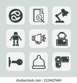 Premium set of outline, fill icons. Such as science, kimono, traditional, tool, kamon, machine, loud, house, camera, table, hat, space, loudspeaker, sign, zoom, robot, security, light, key, cosmonaut