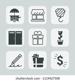 Premium set of outline, fill icons. Such as giftbox, business, industry, vehicle, van, industrial, open, plant, write, education, summer, car, pot, shop, construction, architecture, home, truck, food