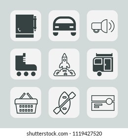Premium set of outline, fill icons. Such as journey, canoe, science, travel, office, rocket, sport, transportation, trailer, paper, basket, caravan, loud, store, cassette, automobile, notepad, music