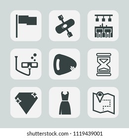 Premium set of outline, fill icons. Such as glass, sport, underwater, sand, scuba, clock, flag, graphic, kayak, diamond, travel, activity, female, jewel, location, road, collection, musical, dress