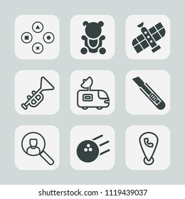 Premium set of outline, fill icons. Such as bugle, satellite, web, science, sport, bear, ball, shuttle, space, teddy, map, pin, gaming, internet, cute, mobile, animal, game, computer, fun, musical, tv
