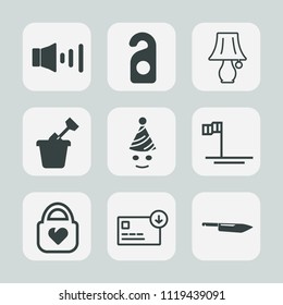 Premium set of outline, fill icons. Such as switch, speaker, door, celebration, sack, sandbox, fashion, leather, table, mexico, beach, label, business, clown, baja, summer, ocean, lamp, volume, child