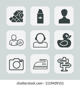 Premium set of outline, fill icons. Such as iron, geography, account, travel, profile, team, user, center, housework, camera, bottle, atlas, internet, beauty, europe, room, clothes, global, child, map