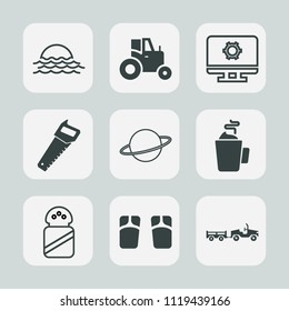 Premium set of outline, fill icons. Such as setting, work, farming, saw, computer, summer, vehicle, agricultural, morning, sky, truck, food, light, drink, footwear, salt, cup, sunrise, landscape, farm
