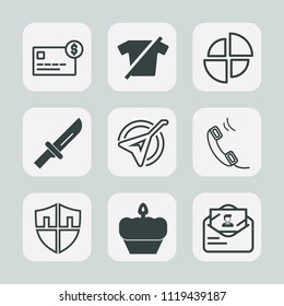 Premium set of outline, fill icons. Such as diagram, string, dessert, credit, protection, cash, shield, music, finance, graph, dinner, shirt, account, bank, phone, fork, food, knife, sign, security