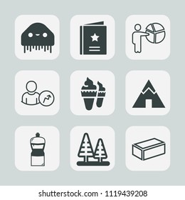 Premium set of outline, fill icons. Such as cleaner, web, tree, monster, landscape, adventure, food, ice, dessert, equipment, fiction, favour, camp, environment, businessman, account, creature, space