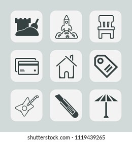 Premium set of outline, fill icons. Such as architecture, shuttle, house, sale, cutter, comfortable, price, tag, banking, beach, wagasa, debit, exploration, spaceship, japanese, label, card, tower