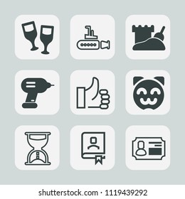 Premium set of outline, fill icons. Such as time, identity, hour, ocean, undersea, business, cute, sand, good, drill, hand, kitty, contact, card, up, alcohol, address, wineglass, ship, vacation, book