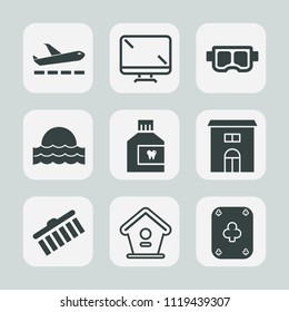 Premium set of outline, fill icons. Such as light, flight, mask, departure, bird, business, shape, digital, play, equipment, transport, home, building, computer, technology, plane, airplane, snorkel