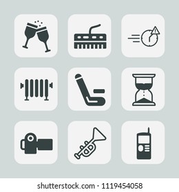 Premium set of outline, fill icons. Such as competition, keyboard, glass, vintage, boiler, clock, camera, restaurant, red, photo, hour, alcohol, hot, night, hourglass, championship, musical, winery