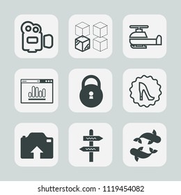 Premium set of outline, fill icons. Such as food, house, film, direction, seafood, transportation, fish, aviation, replacement, female, professional, photo, camera, moving, media, cardboard, lock, air