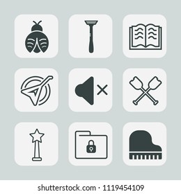 Premium set of outline, fill icons. Such as bug, folder, wooden, mute, musical, security, paper, water, razor, sound, insect, instrument, object, play, butterfly, document, folk, canoe, oar, piano