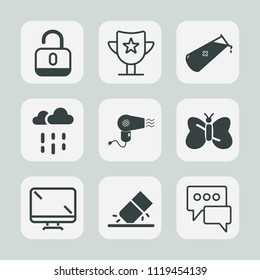 Premium set of outline, fill icons. Such as success, hairdryer, winner, protection, rain, unlock, chemistry, speech, prize, screen, water, monitor, safe, digital, white, win, chemical, dryer, nature