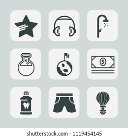 Premium set of outline, fill icons. Such as bank, hygiene, headphone, shape, success, parachute, tool, care, white, earth, sign, globe, web, sky, parachuting, business, studio, technology, extreme