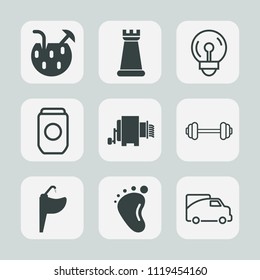Premium set of outline, fill icons. Such as foot, energy, vehicle, cocktail, aluminum, alcohol, party, light, transport, can, tropical, tap, transportation, traffic, juice, workout, metal, exercise
