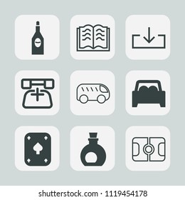 Premium set of outline, fill icons. Such as red, literature, glass, download, drink, open, white, move, poker, bottle, game, food, restaurant, paper, communication, sport, mediterranean, alcohol, page