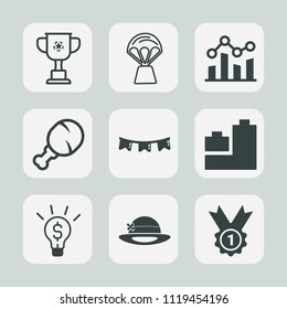 Premium set of outline, fill icons. Such as trend, celebration, fast, toy, finance, business, balloon, ball, snack, up, happy, high, food, hat, sky, concept, chicken, travel, idea, meal, chart, sport