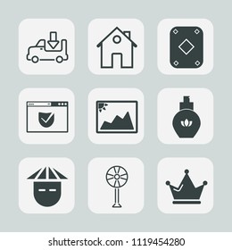 Premium set of outline, fill icons. Such as play, image, shipping, ventilator, picture, asian, king, royal, chinese, perfume, internet, platform, security, transportation, fan, trailer, website, poker