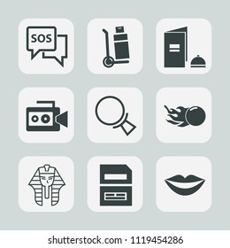 Premium set of outline, fill icons. Such as sign, save, call, magnifying, search, book, video, egypt, pharaoh, transportation, camera, file, safety, document, danger, female, brochure, film, computer