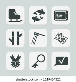 Premium set of outline, fill icons. Such as road, fresh, asia, bamboo, chat, sport, water, sea, door, fish, award, food, animal, bath, fishing, bank, leisure, bathroom, finance, skating, nature, skate
