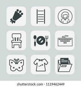 Premium set of outline, fill icons. Such as room, interior, computer, lady, file, white, baby, summer, work, office, chair, floral, blossom, home, clothing, child, bouquet, ladder, clothes, fly, face