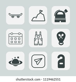 Premium set of outline, fill icons. Such as email, location, peak, skateboard, extreme, message, sky, planet, skater, nature, top, internet, skateboarder, sport, schedule, privacy, skateboarding, blue