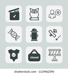 Premium set of outline, fill icons. Such as play, duck, sign, profile, nature, department, clothes, online, music, dna, hydrant, drum, shop, owl, airplane, child, cute, flight, baby, travel, aircraft