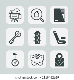 Premium set of outline, fill icons. Such as film, cricket, internet, business, movie, search, green, safety, lamp, real, security, house, online, light, key, bike, championship, match, competitive