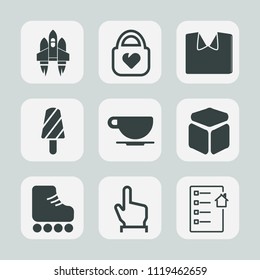 Premium set of outline, fill icons. Such as house, technology, object, ice, bag, cappuccino, finger, space, contract, skate, dessert, science, clothing, white, coffee, shuttle, touch, fruit, ship, fun