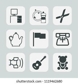 Premium set of outline, fill icons. Such as cute, hot, communication, work, tool, fluffy, equipment, shears, sign, home, telephone, musical, kettle, toy, music, workplace, call, housework, flag, phone