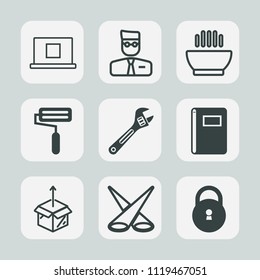 Premium set of outline, fill icons. Such as box, business, account, background, internet, construction, cardboard, paint, spotlight, unpacking, soup, new, equipment, security, cuisine, screwdriver
