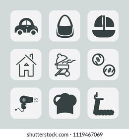 Premium Set Of Outline, Fill Icons. Such As Ship, Ocean, Fitness, Gym, Sea, Barbecue, Female, Home, Finance, Restaurant, Currency, Car, Fashion, Bbq, Accessory, Meat, Transport, Automotive, Money, Hat