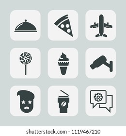 Premium set of outline, fill icons. Such as flight, coffee, lollipop, plate, drink, cup, dinner, sign, safety, lunch, stick, service, hipster, food, communication, retro, hot, sweet, fast, pizza, chat