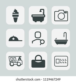 Premium set of outline, fill icons. Such as truck, web, hat, food, digital, bank, dump, lock, dessert, internet, toilet, dumper, photo, white, tipper, camera, sweet, equipment, computer, bag, ice, cap