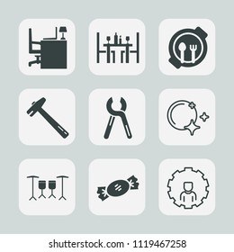Premium set of outline, fill icons. Such as desk, moon, sky, lollipop, candy, top, office, food, coffee, internet, spoon, construction, drum, tool, online, mobile, dish, work, equipment, reparation